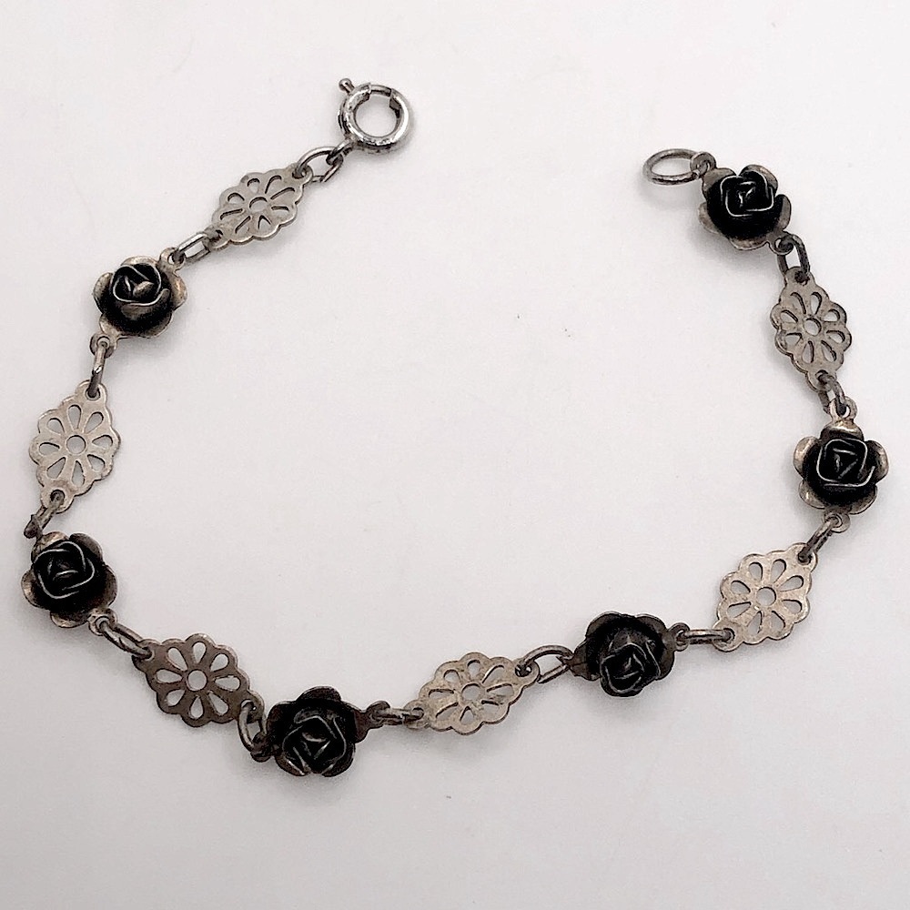 Vtg Sterling Sculpted Rose & Filigree Style Link Dainty Bracelet 6โ